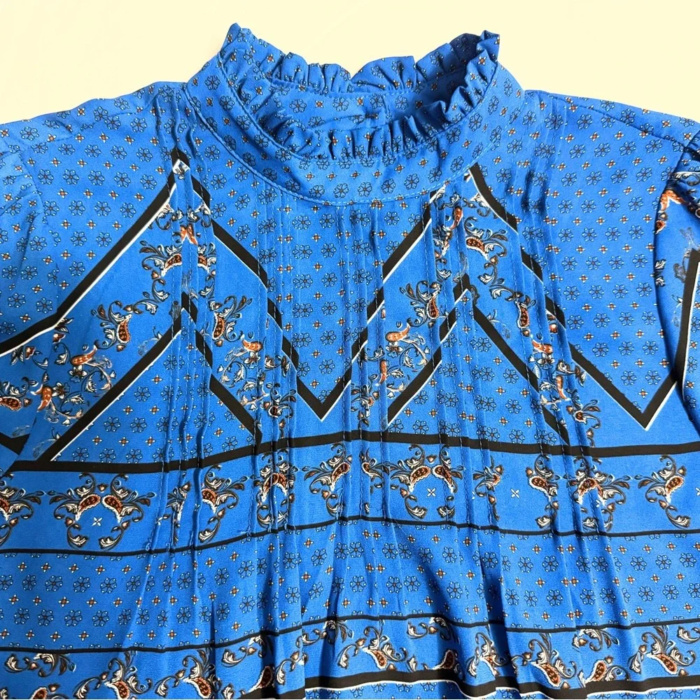Boho Blue Blouse Balloon Sleeve Ruffle Neck Lightweight S